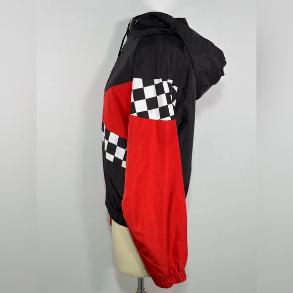 Forever 21 Racing Windbreaker 1/2 Zip Jacket Black Red Checkered Women L Hooded - Picture 3 of 5
